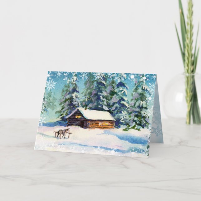 LOG CABIN & SNOWFLAKES by SHARON SHARPE Holiday Card (Front)