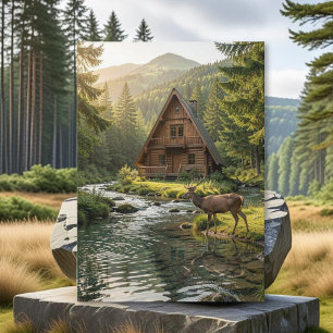 Log Cabin, Stream and Deer, Father's Day Card