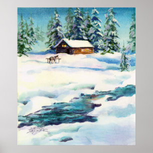 LOG CABIN & STREAM - Canvas Print