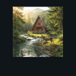 Log Cabin, Stream, Mountains and Deer Nature Art Canvas Print<br><div class="desc">A serene wall art with a wilderness nature theme. The illustration is an a-frame log cabin out in the mountains and woods with a deer next to a rippling stream.</div>