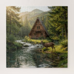 Log Cabin, Stream, Mountains and Deer Nature Art Jigsaw Puzzle<br><div class="desc">A serene puzzle with a wilderness nature theme. The illustration is an a-frame log cabin out in the mountains and woods with a deer next to a rippling stream.</div>