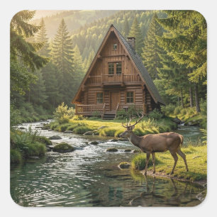 Log Cabin, Stream, Mountains and Deer Nature Art Square Sticker