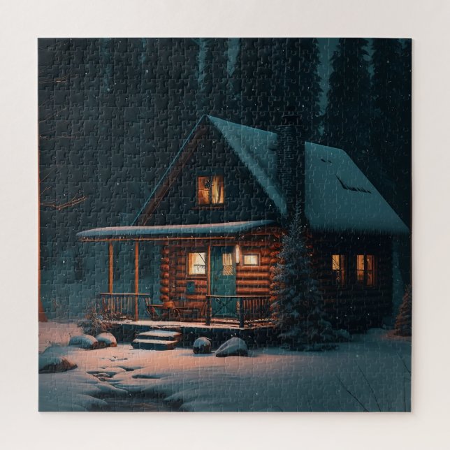 LOG CABIN WINTER CHRISTMAS  JIGSAW PUZZLE (Vertical)