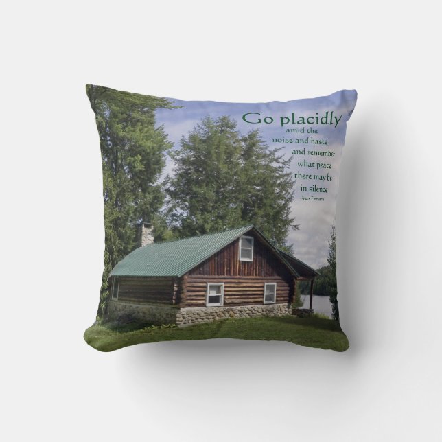 Log Cabin with Poetry Throw Pillow (Front)