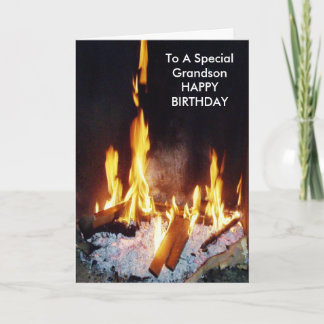 Log Fire Personalised Grandson Birthday Card