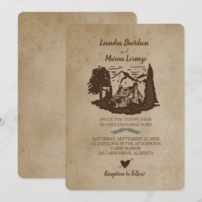 Log Monts Cabine Faire-part de mariage rustique (Devant / Derrière)