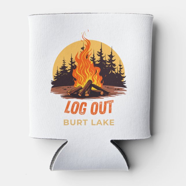 LOG OUT Campfire Burt Lake Michigan Can Cooler (Front)