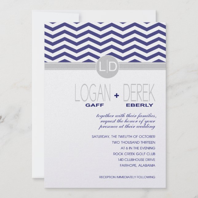 Logan Chevron | navy grey METALLIC ICE PAPER Invitation (Front)