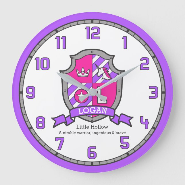 Logan letter name meaning unicorn crest purple large clock (Front)
