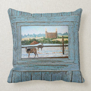 Logan Temple Oil Painting, Blue tone, Throw Pillow