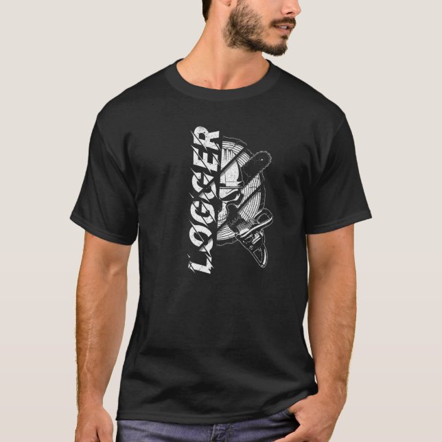 Logger Skull With Crossed Logging Chainsaws Lumber T-Shirt (Front)