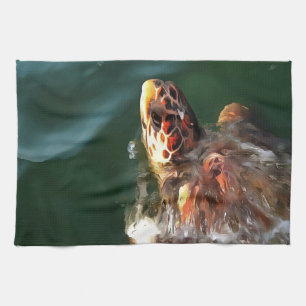 Loggerhead Sea Turtle Artistic Portrait Kitchen Towel