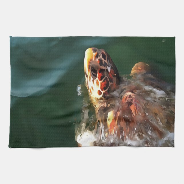 Loggerhead Sea Turtle Artistic Portrait Kitchen Towel (Horizontal)