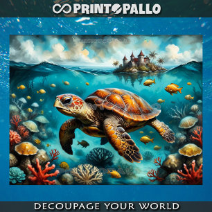 Loggerhead sea turtle in a reef with corals tissue paper