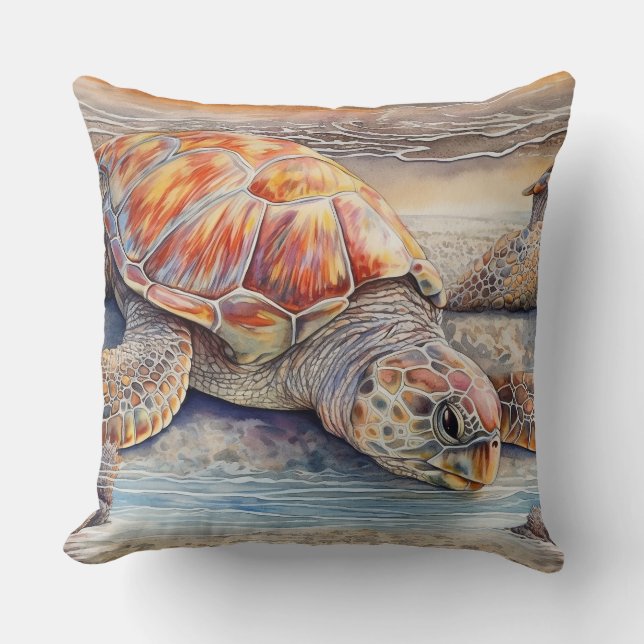 Loggerhead Sea Turtle Relaxing on a Beach Throw Pillow (Front)