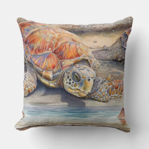 Loggerhead Sea Turtle Resting on a Beach Throw Pillow