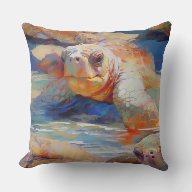Loggerhead Sea Turtles Nesting on a Beach Throw Pillow (Front)