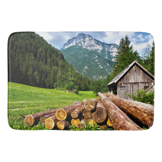 Logging Camp in the Forest with Mountains Bath Mat (Front)