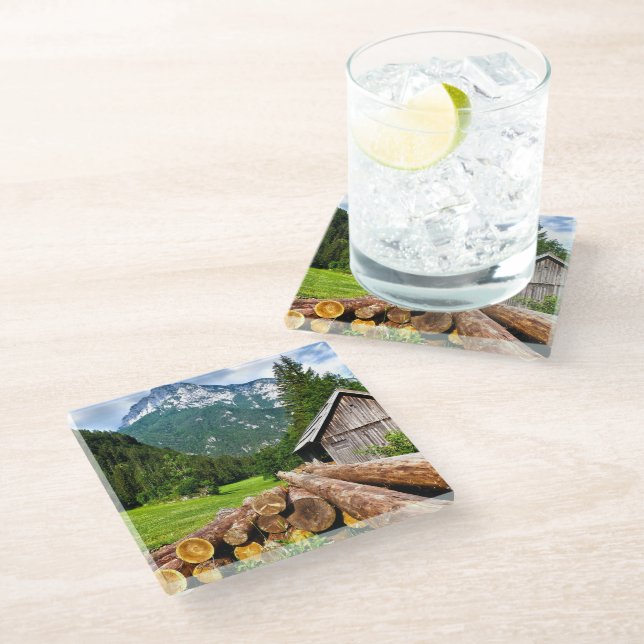 Logging Camp in the Forest with Mountains Glass Coaster (Angled)