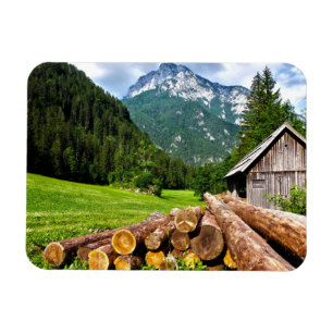 Logging Camp in the Forest with Mountains Magnet