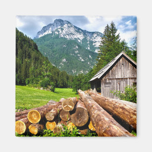 Logging Camp in the Forest with Mountains Magnet