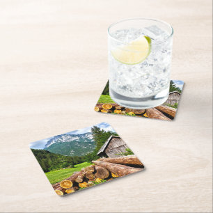 Logging Camp in the Forest with Mountains Square Paper Coaster