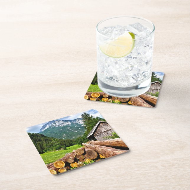 Logging Camp in the Forest with Mountains Square Paper Coaster (Insitu)