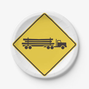 Logging Trucks Road Sign Paper Plate