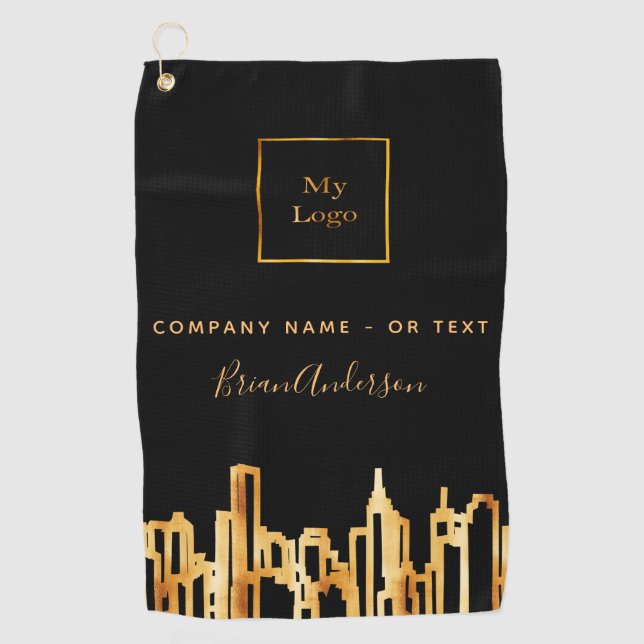 Logo black gold city skyline business real estate golf towel (Front)