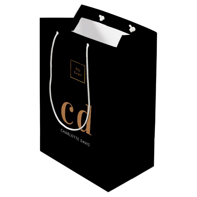 Logo black gold monogram initials shopping medium gift bag (Back Angled)