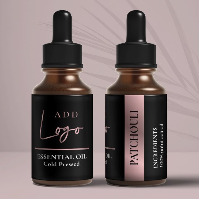 Logo Black & Rose Gold Logo Essential Oil Petite b (Black and Rose Gold Essential Oil Dropper Bottle label with space for your logo)