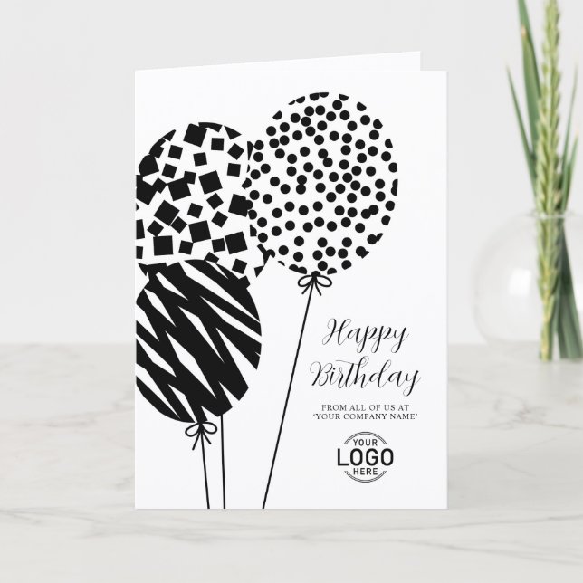 Logo Black White Balloons Corporate Birthday Card (Front)