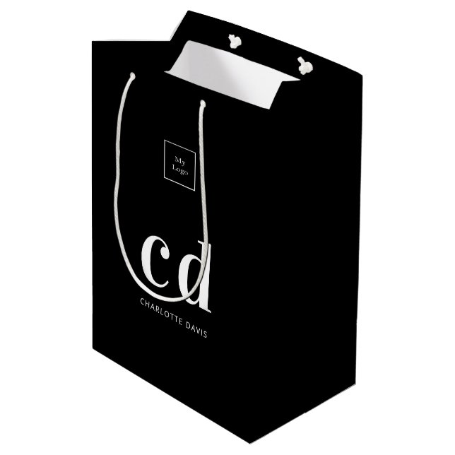Logo black white monogram initials shopping medium gift bag (Back Angled)