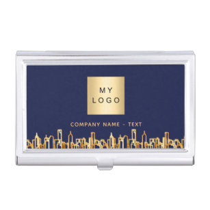 Logo blue gold city skyline business real estate business card holder
