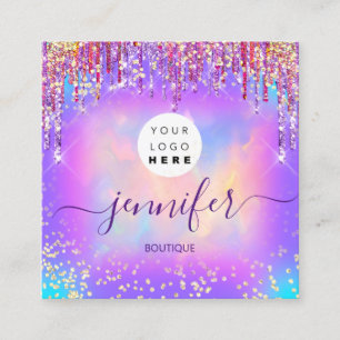 Logo Boutique Shop Glitter Drips Holograph VIP Square Business Card