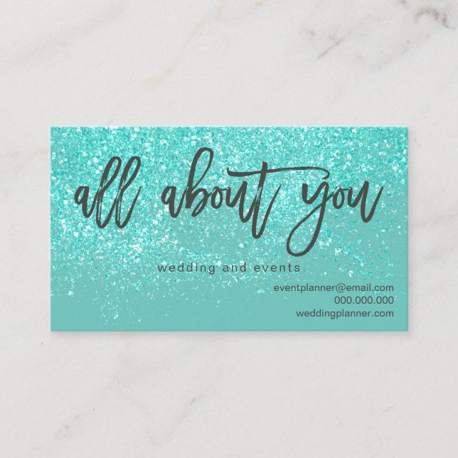 Logo branding teal glitter confetti wedding event business card (Front)