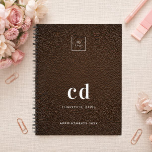 Logo brown leather monogram initials busines notebook