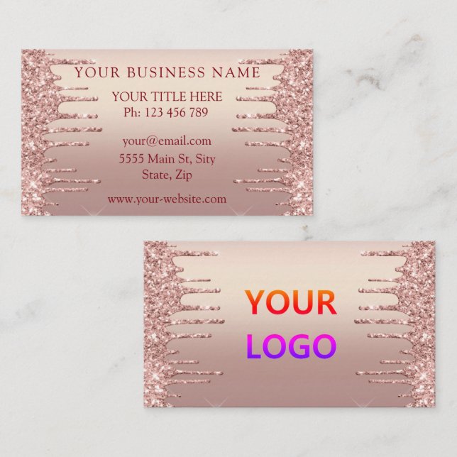 Logo Business Card - Rose Gold Blush Glitter Drips (Front/Back)