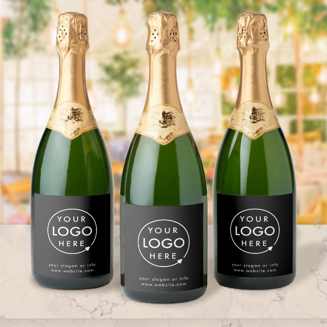 Logo | Business Corporate Company Minimalist Sparkling Wine Label (Sleek black company branded drink label wraps for small business events & corporate launch parties.)