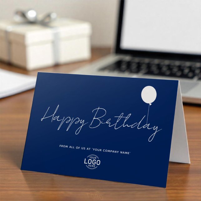 Logo Business Elegant Blue White Balloon Birthday Card (Creator Uploaded)