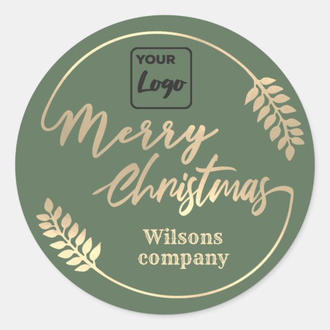 Logo Calligraphy Merry Christmas botanical wreath Classic Round Sticker (Front)