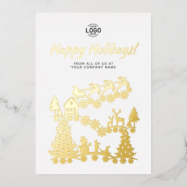 Logo Christmas Scene Gold White Holidays Card (Front)