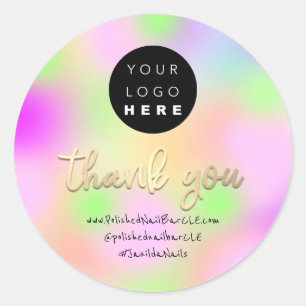 Logo Company Name Thank You Shopping Pink Holograp Classic Round Sticker