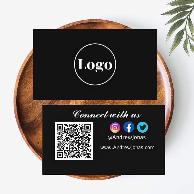 Logo Connect with Us! Social media Qr Code Black  Business Card (Creator Uploaded)