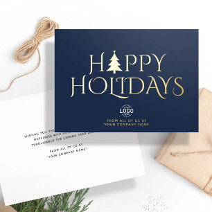 Logo Corporate Elegant Navy Blue Christmas Happy Foil Holiday Card