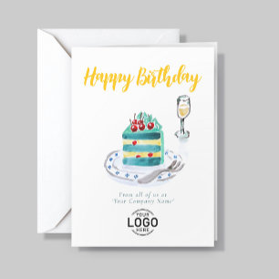 Logo Corporate Simple Blue Cherry Cake Birthday Card