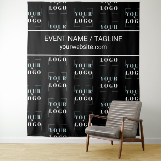 Logo Custom Text Half Drop Repeat Black Backdrop Tapestry (In Situ)