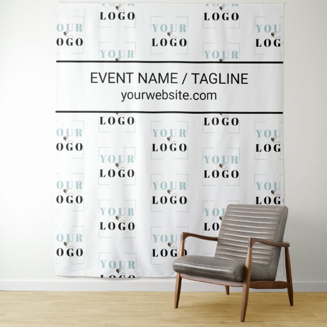 Logo Custom Text Half Drop Repeat White Backdrop Tapestry (In Situ)