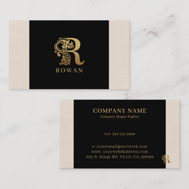 Logo de luxe R en or sur Carte de visite noir (Devant / Derrière)