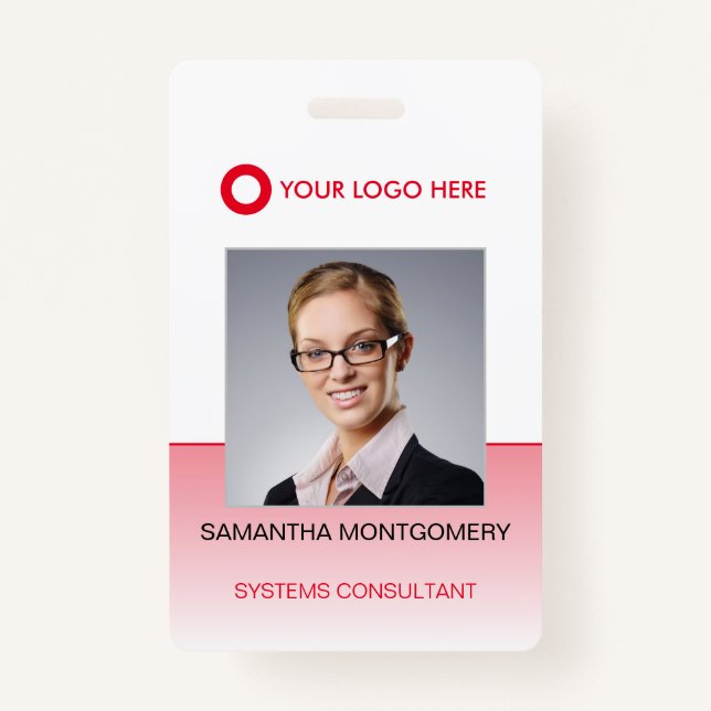 Logo Employee Photo Name Bar Code Gradient Red ID  Badge (Front)